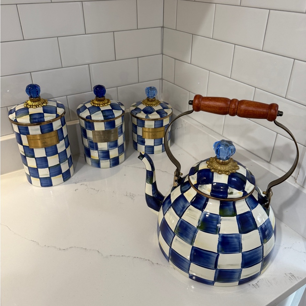 Blue and White Checkered Tea Kettle and Canister Set